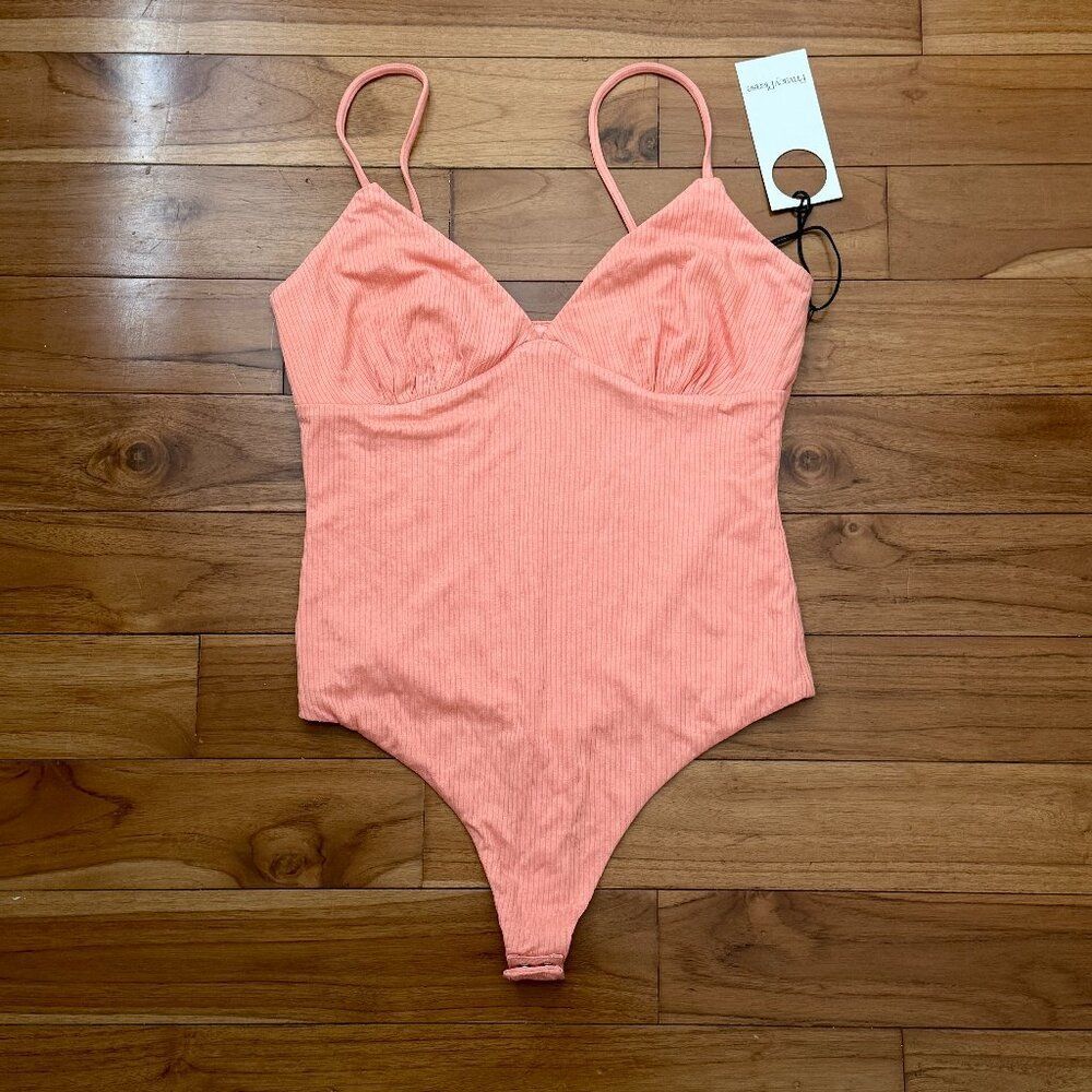 Women Privacy Please Wired V Neck Ribbed Bodysuit in Peachy Coral Size Medium